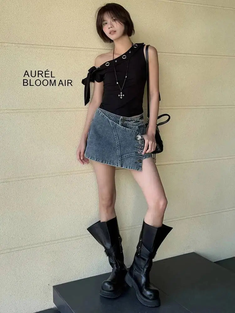 DEAT Fashion High Waist Button Detailed Washed Denim Mini Skirt Women's Wrap Design Streetwear Summer Bottoms New 7A4204