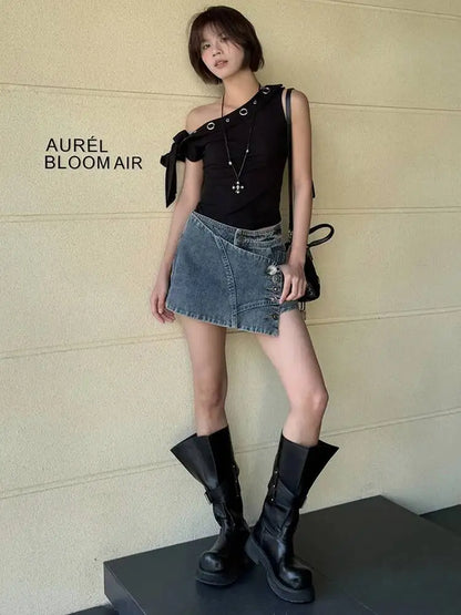 DEAT Fashion High Waist Button Detailed Washed Denim Mini Skirt Women's Wrap Design Streetwear Summer Bottoms New 7A4204
