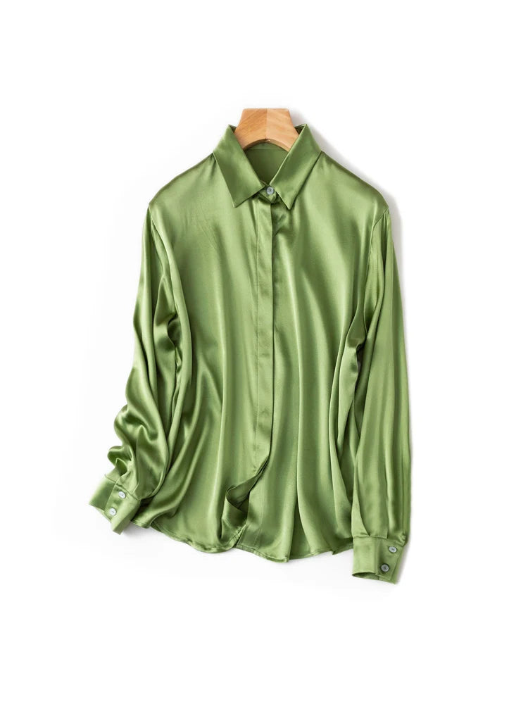 SuyaDream Woman Solid Shirts 93%Real Silk 7%Spandex Long Sleeves Chic Blouses, 2025 Spring Autumn Office Lady Top