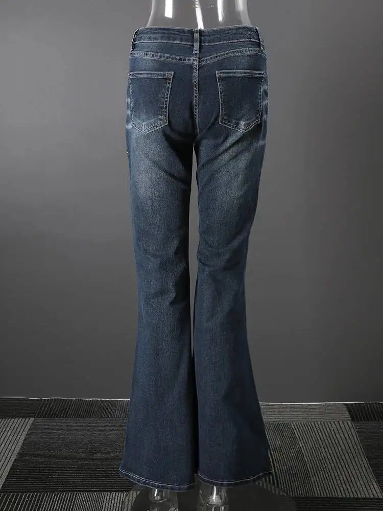DEAT Fashion Flared Denim Jeans Women's Mid Rise Whiskered Wash Dark Blue Bootcut Jeans Summer New