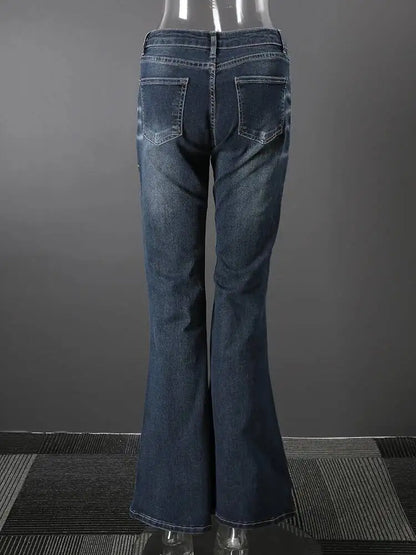 DEAT Fashion Flared Denim Jeans Women's Mid Rise Whiskered Wash Dark Blue Bootcut Jeans Summer New