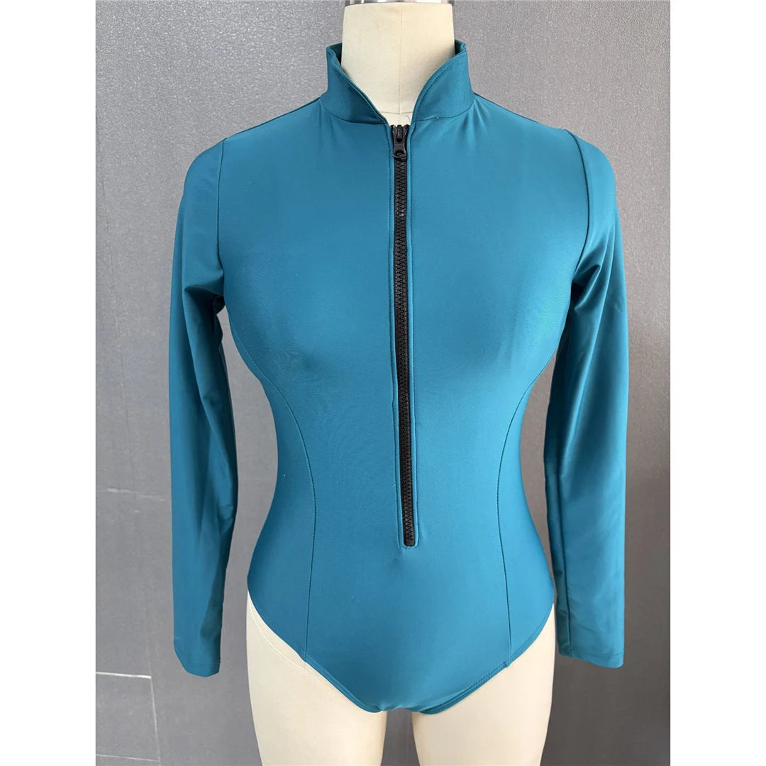 S - 2XL 4 Colors Long Sleeve With Zipper Surf Rash Guard One Piece Swimsuit Women Swimwear Female Bather Bathing Suit Swim V6266