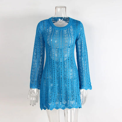 4 Colors Long Sleeve Backless Crochet Knitted Tunic Beach Cover Up Cover-ups Beach Dress Beach Wear Beachwear Female Women V5692