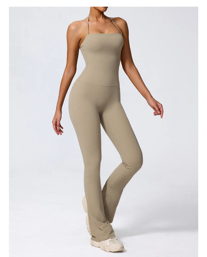 New Summer Women Sleeveless Hang Neck Jumpsuit Backless Flared Activewear Female Yoga Clothes Sport Outfit For Woman Overalls