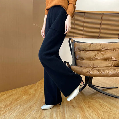 DjzDsm Women's Autumn Spring Knitted Floor-Length Wide Leg Pants 100% Merino Wool Long Trousers