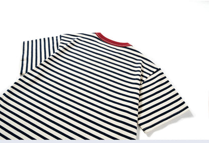 Summer new pure cotton T-shirt men's American retro contrasting shirt versatile couple short sleeved T-shirt striped base shirt