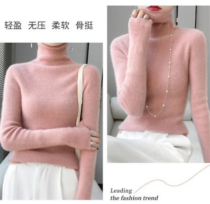 100% Merino Wool Long-sleeved Turtleneck Pullover Women's Autumn Winter Slim Sweater Basic Women's Clothes Cashmere Sweater