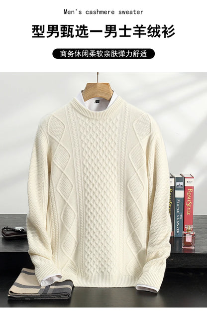 Men's 100% Cashmere Sweater Round Neck Autumn Winter Warm Clothing Jacquard Checkered Pullover Sweater Knitted Bottom Shirt Tops