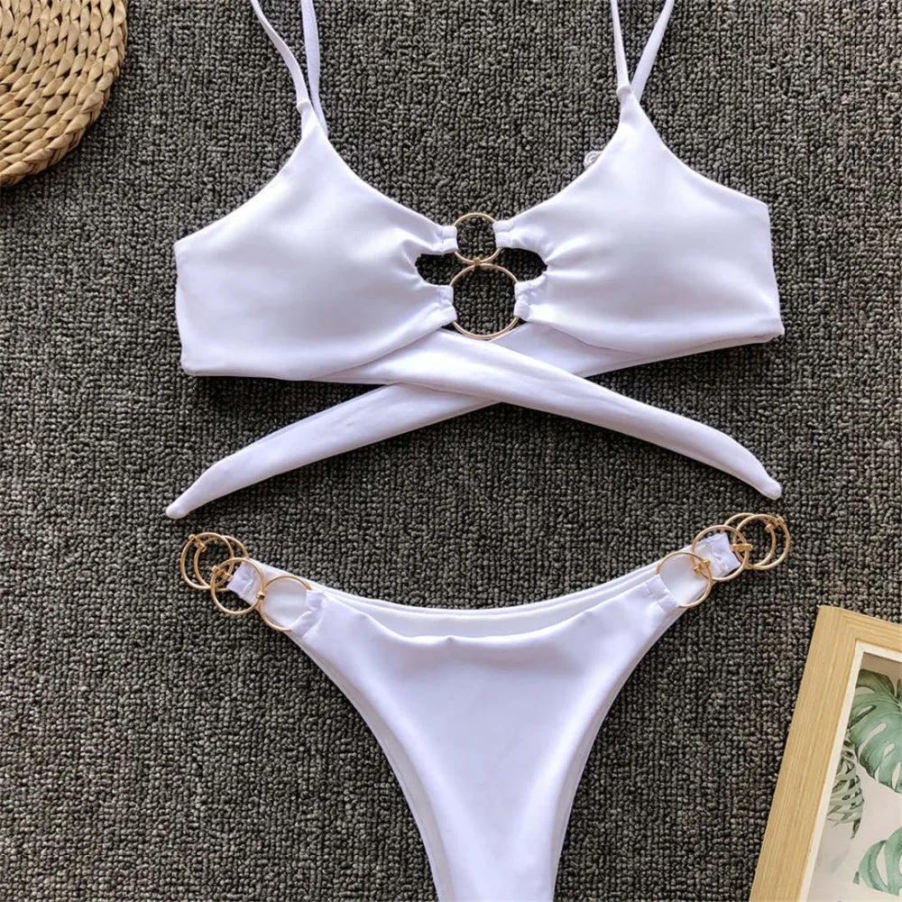 Metal Rings Leopard Brazilian Bikini Women Swimwear Female Swimsuit Two-piece Bikini set Thong Bather Bathing Suit Swim V1441