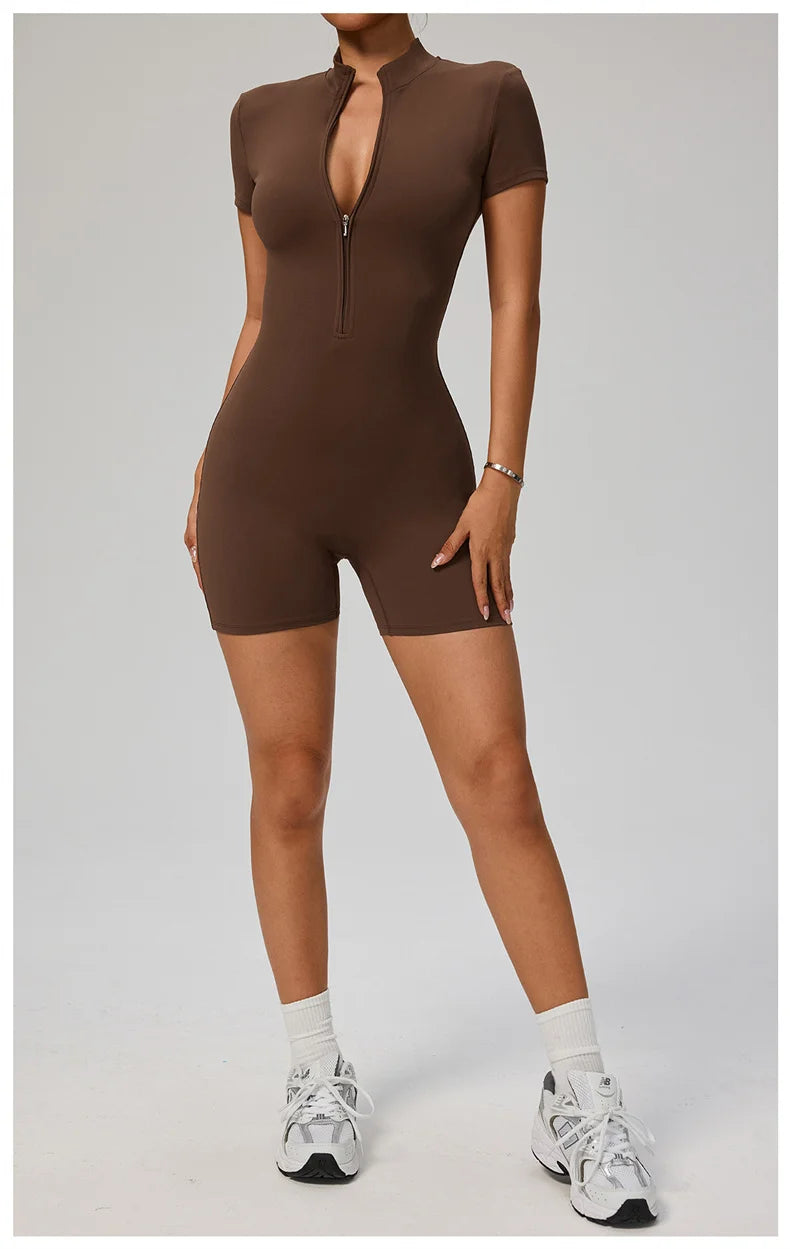 TRY TO BN Sports Jumpsuit Zipper Short Sleeves Yoga Sportswear Fitness Workout Bodysuit One Piece Suits Tights Gym Woman Clothes