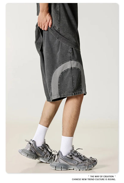 Customized LOGO men's summer European and American hip-hop style splicing contrasting shorts loose straight five-point pants
