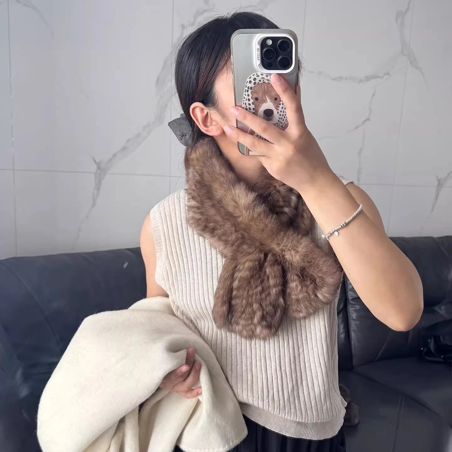 Korean-quality sable color scarf Real rabbit fur scarves women's autumn and winter versatile woven sable hair scarf, fur collar