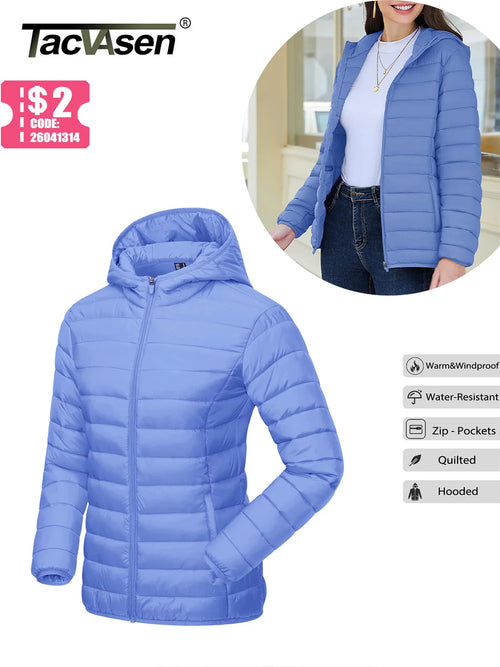 TACVASEN Full Zip Up Hooded Puffer Jacket Womens Winter Quilted Warm Coats Casual Windbreaker Padded Lightweight Outdoor Outwear
