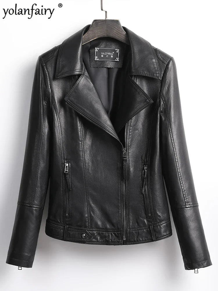 Women's Jacket Spring 2022 100% Sheepskin Jacket Woman Genuine Leather Women's Coat Black Motorcycle Jackets Chaquetas Xhl368