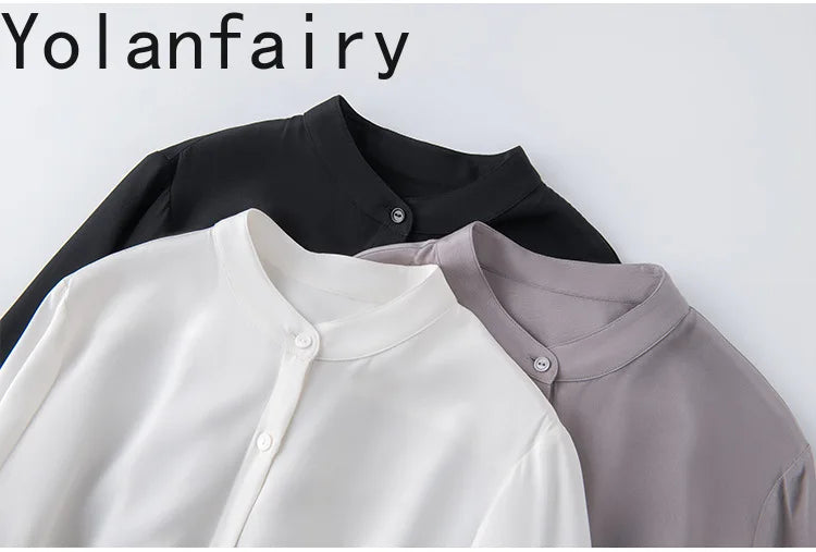 YOLANFAIRY 93% Natural Mulberry Silk Shirts Woman 2026 Stand Collar Long Sleeve Blouse Women Elegant White Shirt OL Ladies Tops