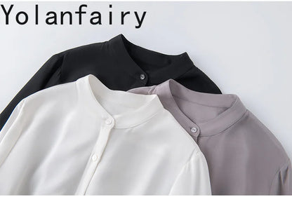 YOLANFAIRY 93% Natural Mulberry Silk Shirts Woman 2026 Stand Collar Long Sleeve Blouse Women Elegant White Shirt OL Ladies Tops