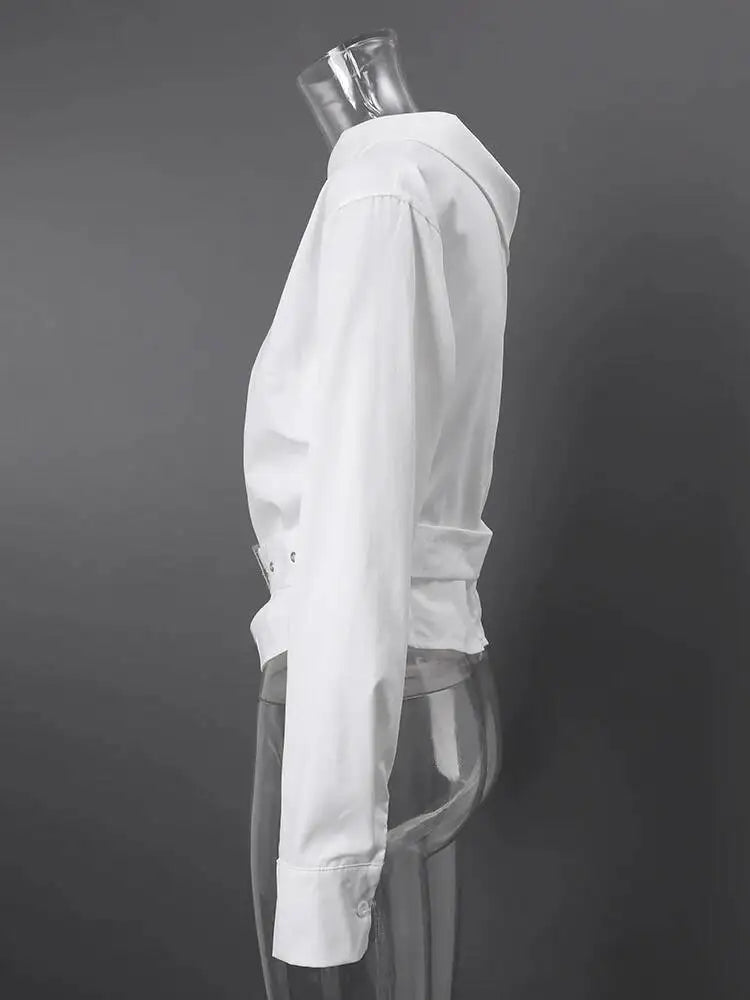 DEAT Fashion Belted Waist Shirt Women's One Shoulder Asymmetrical Collar Long Sleeve White Blouse Sumemr New