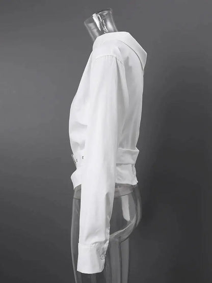 DEAT Fashion Belted Waist Shirt Women's One Shoulder Asymmetrical Collar Long Sleeve White Blouse Sumemr New