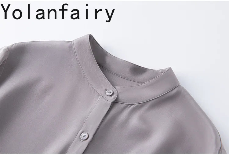 YOLANFAIRY 93% Natural Mulberry Silk Shirts Woman 2026 Stand Collar Long Sleeve Blouse Women Elegant White Shirt OL Ladies Tops