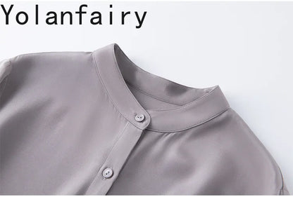 YOLANFAIRY 93% Natural Mulberry Silk Shirts Woman 2026 Stand Collar Long Sleeve Blouse Women Elegant White Shirt OL Ladies Tops