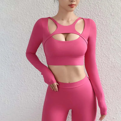 SOISOU Hollow Back Slim Fit Yoga Crop Top Women's Pilates Pullover Shockproof Sports Long Sleeve High Elastic Fitness T Shirt