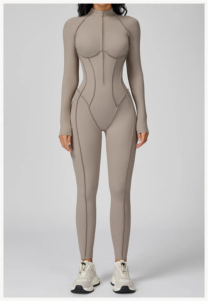 TRY TO BN Gym Jumpsuit Half Zipper Sports Stripe Fitness Bodysuit One-Piece Workout Activewear Tights Woman Suits Yoga Clothing