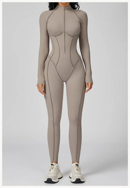 TRY TO BN Gym Jumpsuit Half Zipper Sports Stripe Fitness Bodysuit One-Piece Workout Activewear Tights Woman Suits Yoga Clothing