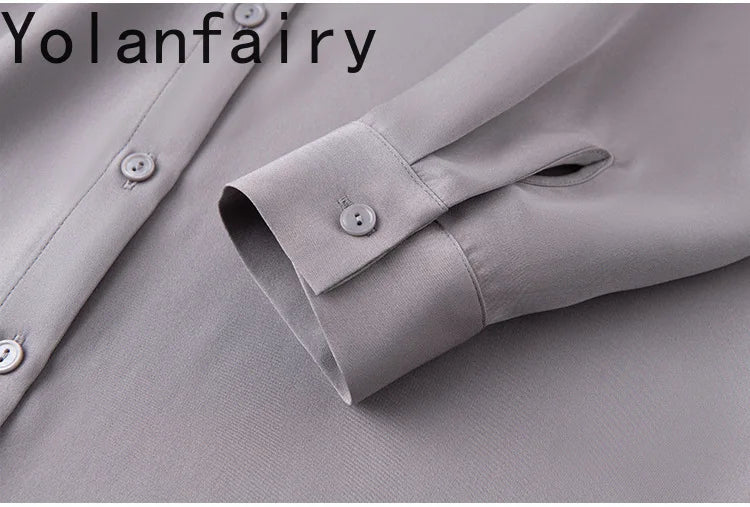 YOLANFAIRY 93% Natural Mulberry Silk Shirts Woman 2026 Stand Collar Long Sleeve Blouse Women Elegant White Shirt OL Ladies Tops