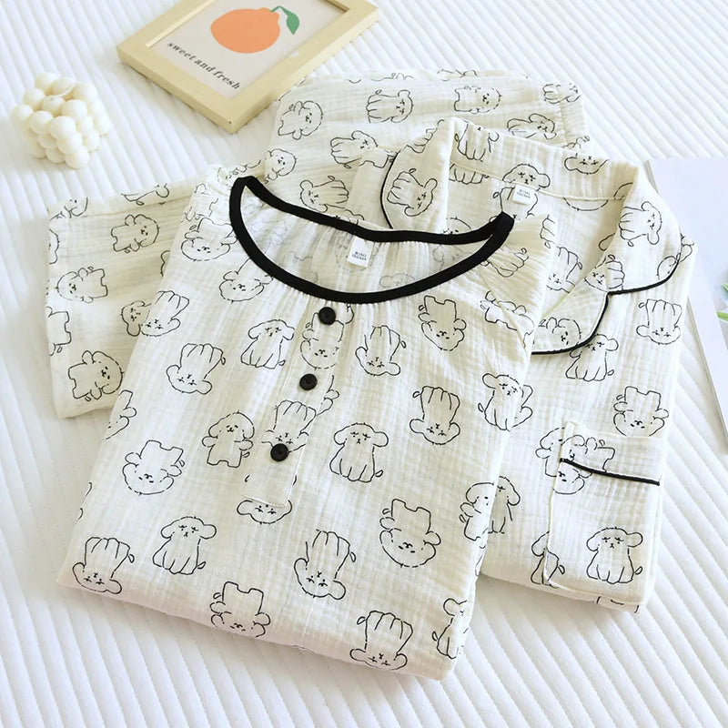 2026 New Spring and Autumn Women's Pajama Set 100% Cotton Crepe Cute Long sleeved Pants Two piece Printed Loose Home Fury