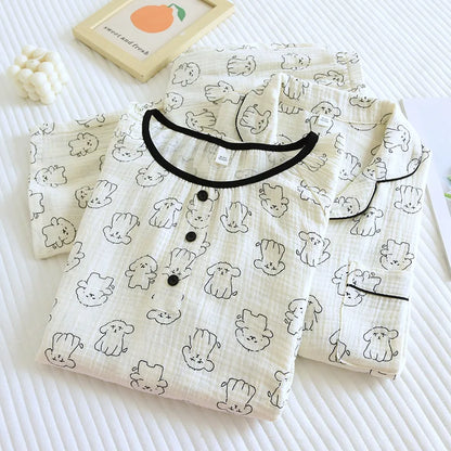 2026 New Spring and Autumn Women's Pajama Set 100% Cotton Crepe Cute Long sleeved Pants Two piece Printed Loose Home Fury