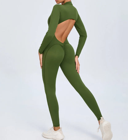 Hearuisavy Summer V Back Sports Jumpsuit Yoga Clothes Rompers Women Long Sleeveles Workout Bodysuits Backless One-piece Suit