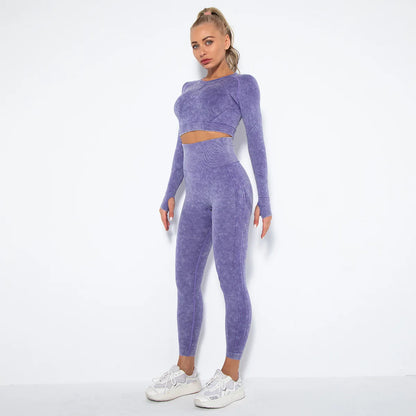 Women Seamless Tracksuit Yoga Set 2PCS Workout Clothes Athletic Wear Gym Legging Fitness Bra Crop Top Long Sleeve Sports Suits