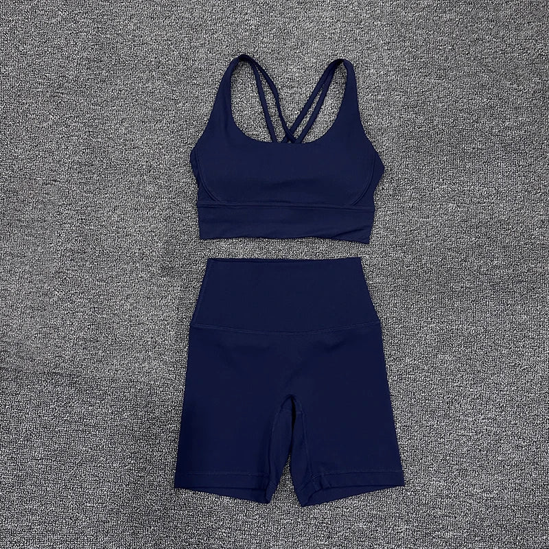 SOISOU Nylon Gym Yoga Set Women's Tracksuit Cycling Shorts Set Tight Elastic Short Chest Pad Removable Bra Womens Clothing