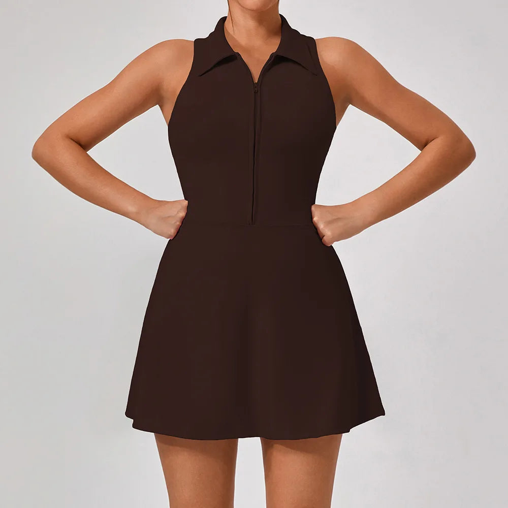Women's Tennis Dress Women Turn Down Collar Front Zipper 2-in-1 Golf Sports Tight Dress Fitness Workout Running Pocket Skort