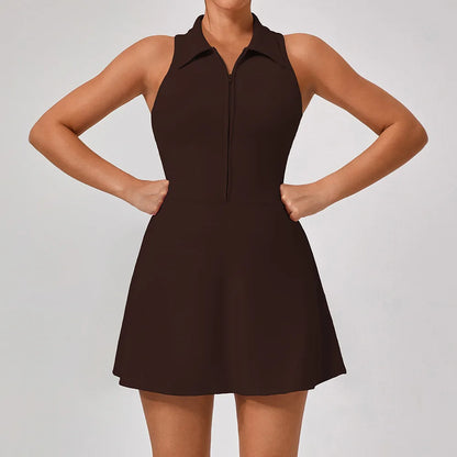 Women's Tennis Dress Women Turn Down Collar Front Zipper 2-in-1 Golf Sports Tight Dress Fitness Workout Running Pocket Skort