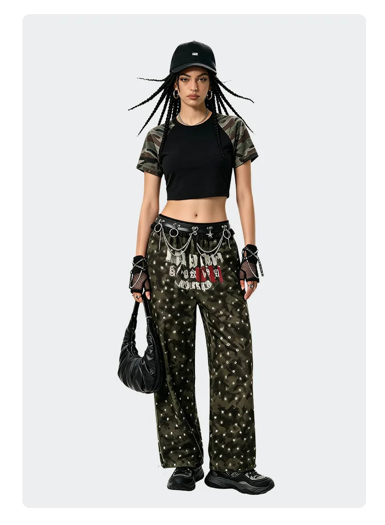 Custom LOGO Women's American Street Spice Girl Camouflage Ragged Short Sleeve T-Shirt 210G Cotton Slim-fit Contrast Top