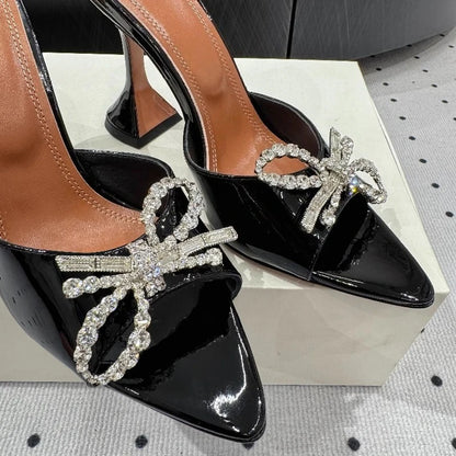 New Bow Rhinestone High-heeled Sandals Sexy Open-toed Fish Mouth Pointed Rear Empty Cool Slippers Women