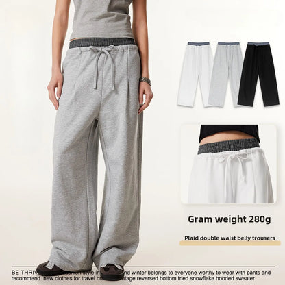 Custom LOGO Men's 2025 Summer 280G American Neutral Wind Splicing Double Waist Wide Leg Pants Sports Straight Couple Sweatpants