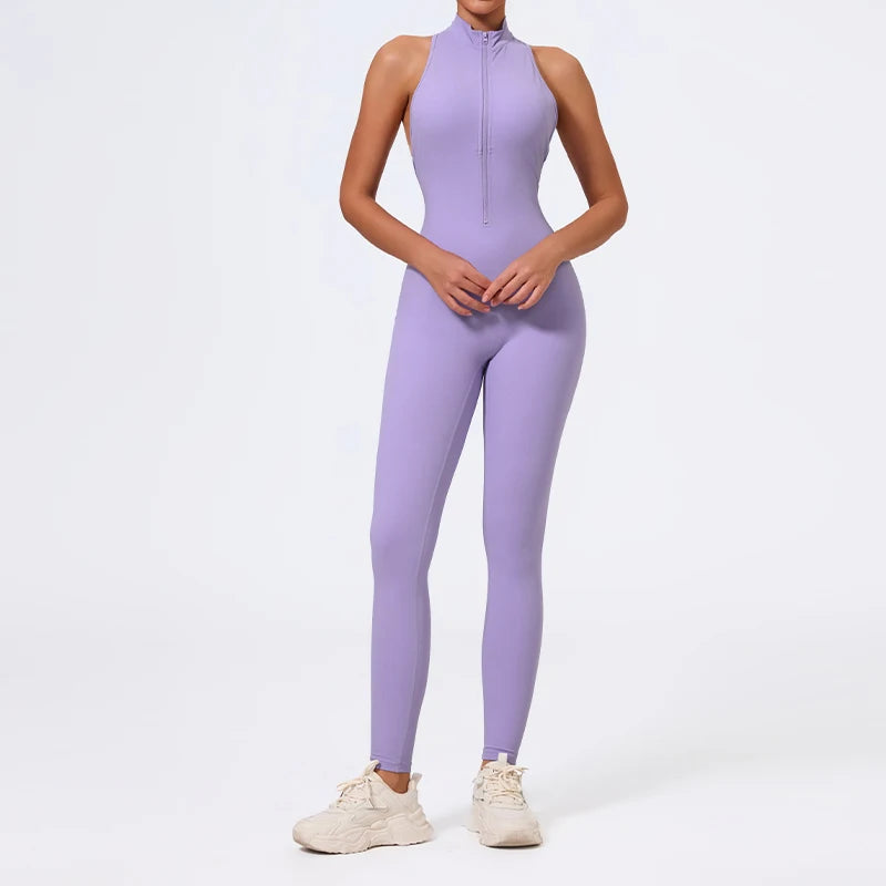 Summer V Back One-piece Suit Women Sports Jumpsuit Zippers Yoga Rompers Backless Sportswear Women Sleeveles Workout Bodysuits