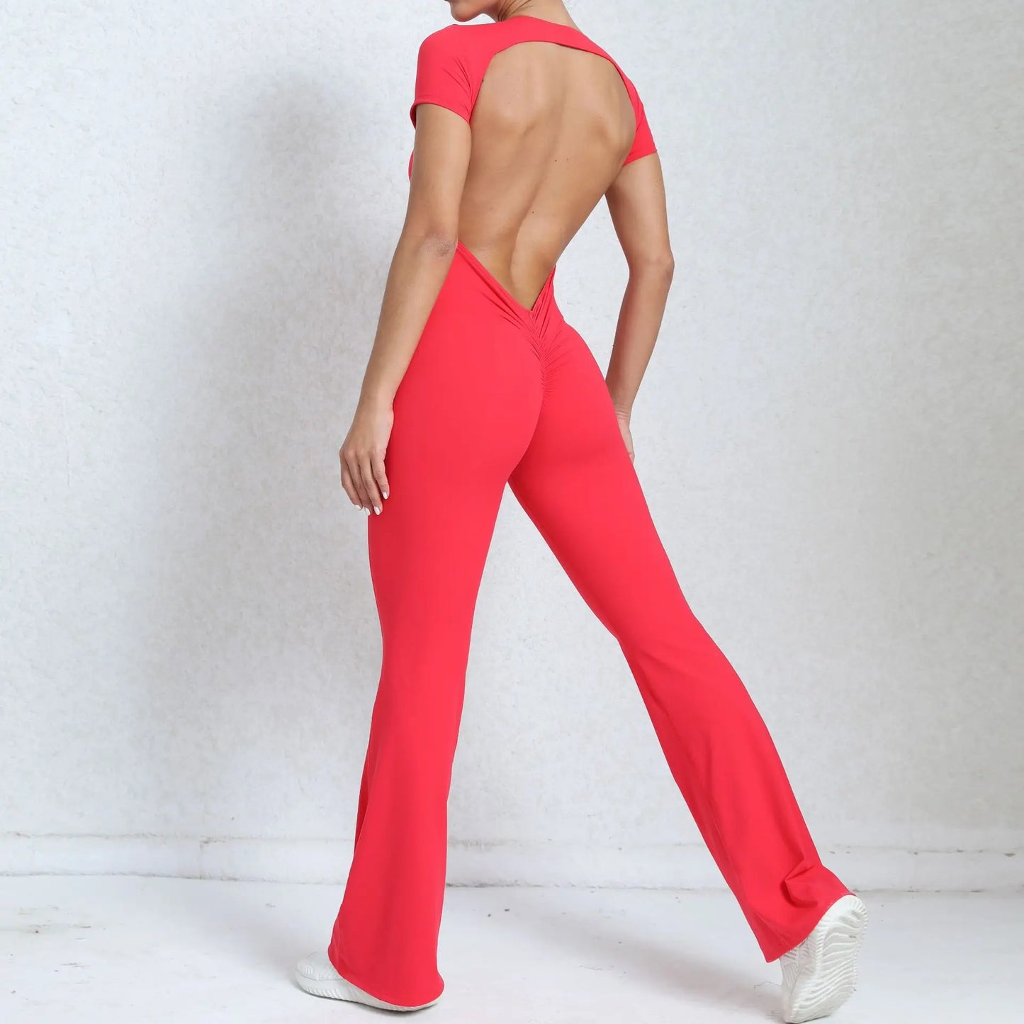 Women's Tracksuit Yoga Set Backless Jumpsuits Back V One Piece Fitness Rompers Short Sleeves Sportswear Gym Set Workout Clothes