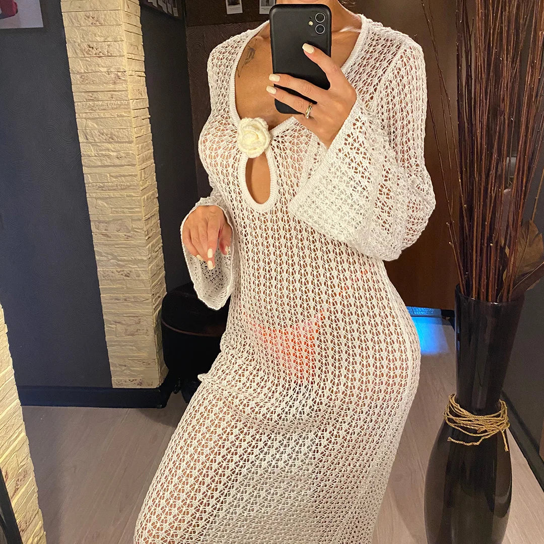 3D Flower V Neck Long Sleeve Crochet Knitted Tunic Beach Cover Up Cover-ups Beach Dress Beach Wear Beachwear Female Women V5852