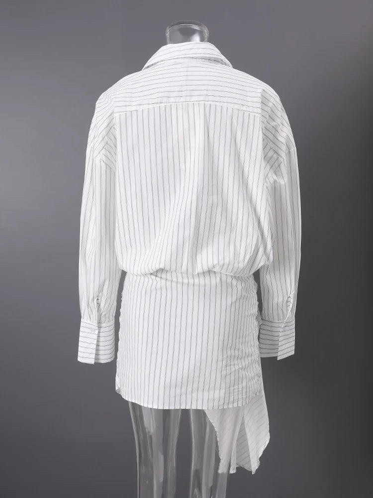 DEAT Fashion Striped Wrap Tie Waist Shirt Mini Dress Women's Lapel Asymmetric Ruched Hem Striped Bodycon Dresses Summer New