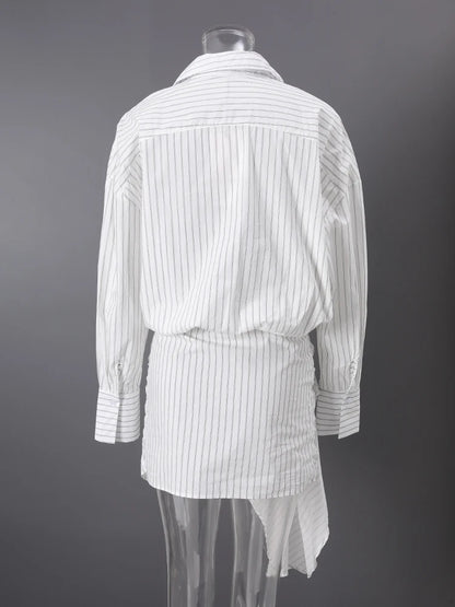 DEAT Fashion Striped Wrap Tie Waist Shirt Mini Dress Women's Lapel Asymmetric Ruched Hem Striped Bodycon Dresses Summer New