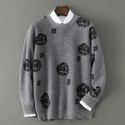 Men's 100% Pure Wool Sweater O-Neck Loose Pullover Autumn/Winter New Embroidery Business Casual Cashmere Tops Knit Bottom Shirt
