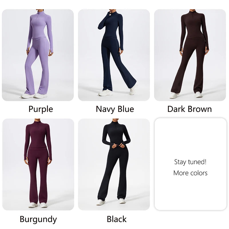 Hearuisavy Summer Half Zipper Yoga Suit Outdoor Workout Clothing Gym Set Women Flared Pants 2Pcs Sports Long Sleeves Shirt Suit