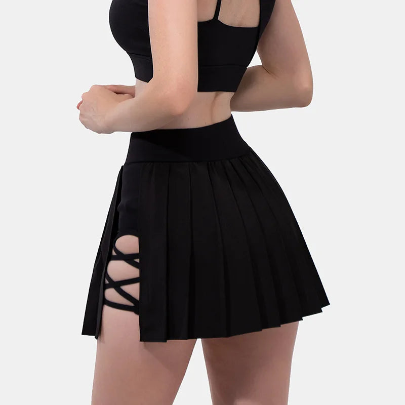 Safe Tennis Skirts with Pocket Shorts Gym Bandage Cross Running Sport Pleated Pantskirt Fitness High Waist Running Yoga Skort