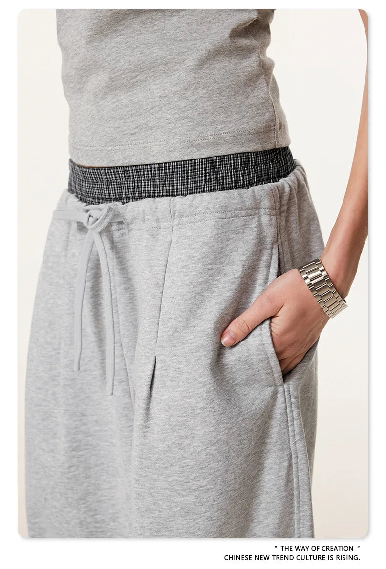 Custom LOGO Men's 2025 Summer 280G American Neutral Wind Splicing Double Waist Wide Leg Pants Sports Straight Couple Sweatpants