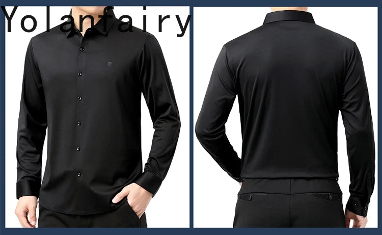 YOLANFAIRY 100% Mulberry Silk Long Sleeve Shirt Man Spring Autumn Casual Silk Mens Shirts Warm Male White Shirt chemises hommes