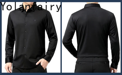 YOLANFAIRY 100% Mulberry Silk Long Sleeve Shirt Man Spring Autumn Casual Silk Mens Shirts Warm Male White Shirt chemises hommes
