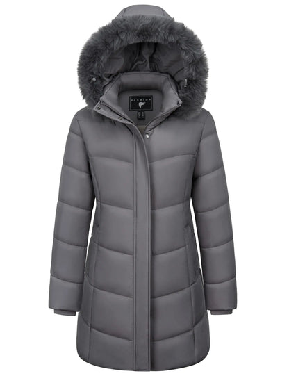 TACVASEN Womens Fleece Long Padding Winter Jacket Down Puffer Outwear with Removable Hood Waterproof Windproof Thicken Park Coat